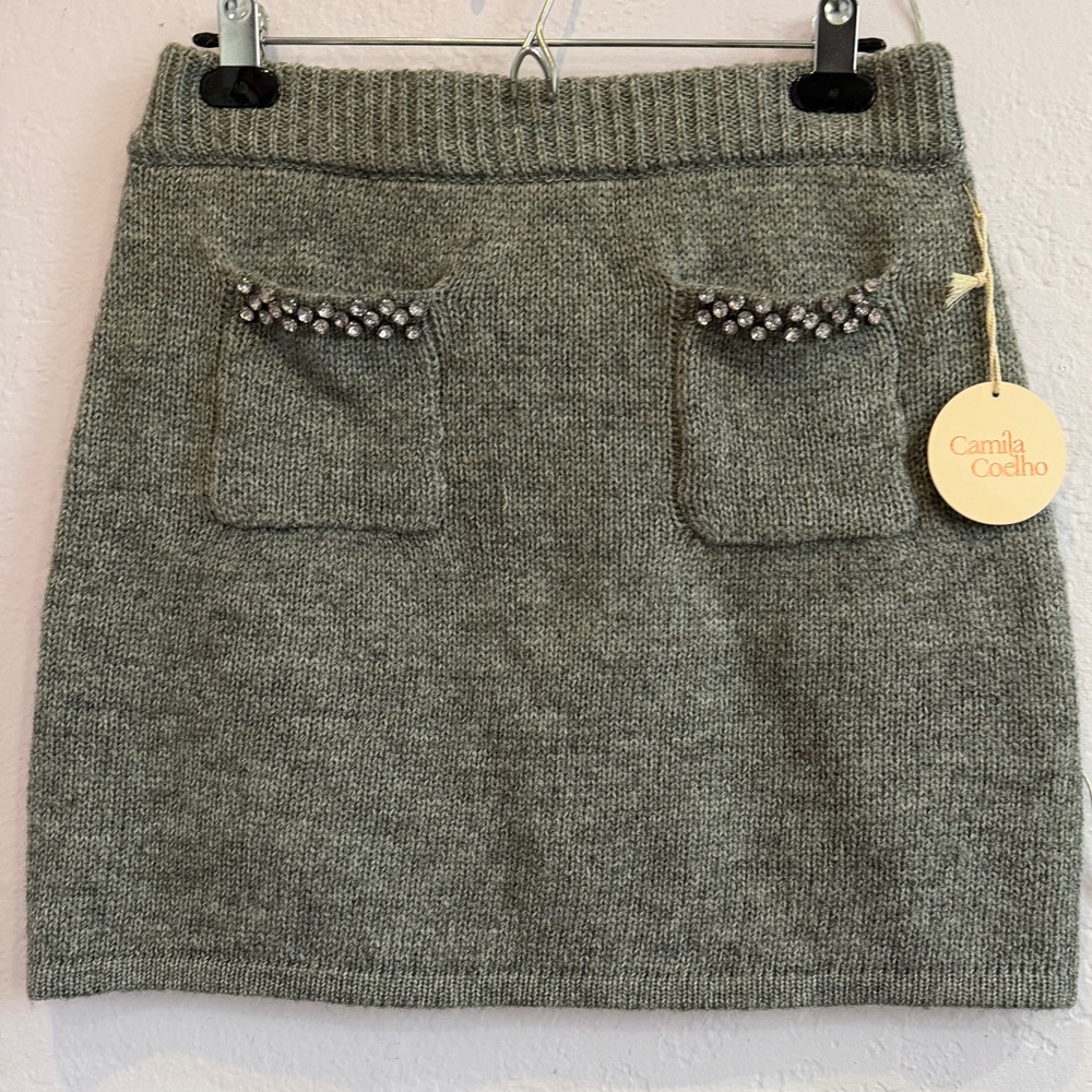 NWT Camila Coelho Gray Knit Mini Skirt with Beaded Pocket Trim